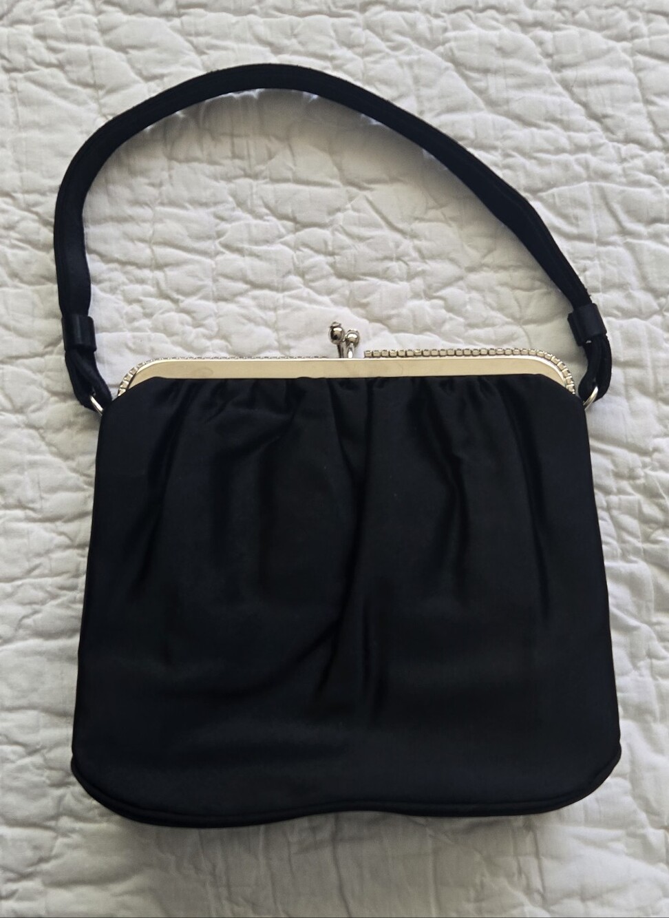 Elegant Black Satin Shoulder Bag with Gold Frame